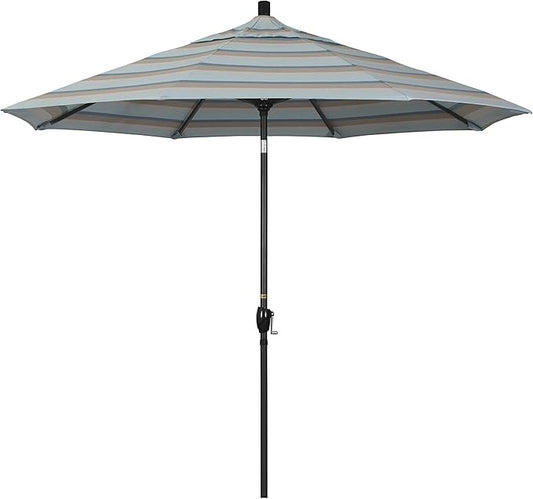 California Umbrella 9' Rd Pacific Trail Series Aluminum Patio Umbrella, Crank Lift, Push Button Tilt, Black Finish, Sunbrella Gateway Mist Fabric