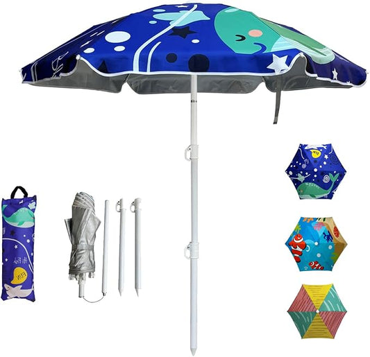 LOTTAFUN Kid 5ft Beach Umbrella Diameter 0.99-1.2 Inches Pole UV 50+ Portable Sun Shade with Sand Anchor & Carry Bag, Outdoor Folding Umbrella for Beach,Pool,Patio,Garden (Dophin)NO Tilt The sand needs to be over 5inches above the bottom