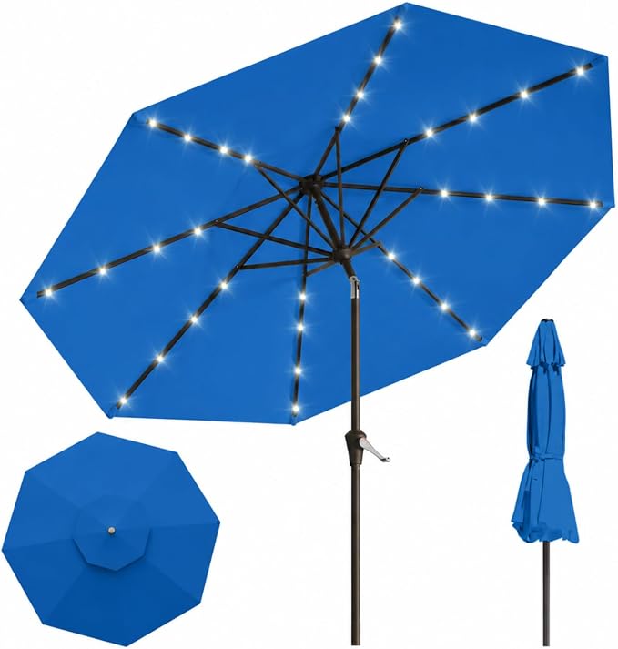 10FT Solar Lighted Patio Umbrella, Outdoor Table Market Umbrellas with Push Button Tilt and Crank, 32 LED Lights, 8 Sturdy Ribs, UV-Resistant for Deck, Garden, Pool