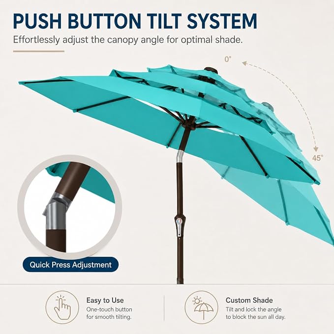 10ft Patio Umbrella, 3-Tier Vented Outdoor Table Umbrella with 8 Sturdy Fiberglass Ribs, Windproof Market Umbrella with Push Button Tilt and Crank, UV Protection for Deck, Pool, Turquoise Blue