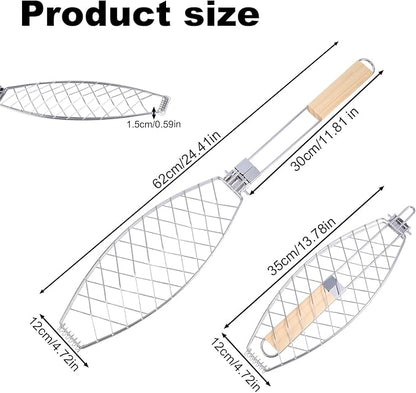 Fish Grill Basket, Iron Foldable Basket with Wooden Handle Non-Stick Grilling Rack Outdoor Cooking Tools Accessories Ideal for Any Fish Barbecue
