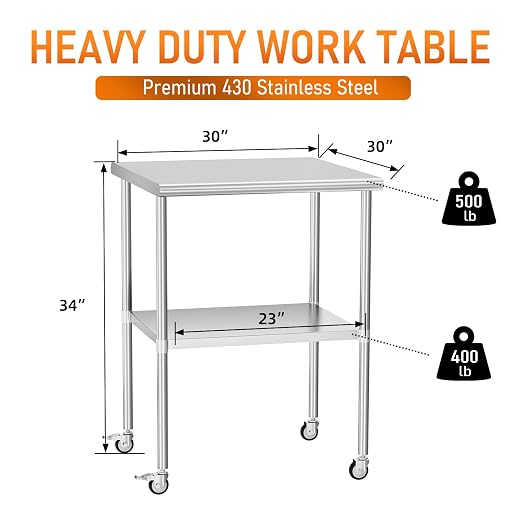 Stainless Steel Table with Wheels 30" x 30" Utility Worktable with Adjustable Undershelf for Commercial Kitchen, Garage, Restaurant