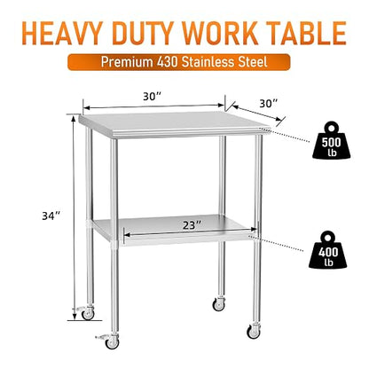 Stainless Steel Table with Wheels 30" x 30" Utility Worktable with Adjustable Undershelf for Commercial Kitchen, Garage, Restaurant