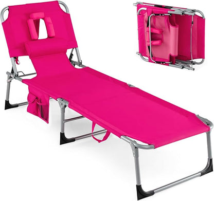 HAPPYGRILL Folding Tanning Chair with Face Hole, Outdoor Beach Sunbathing Chaise Lounge with Adjustable Backrest, Side Pocket, Pillow, Portable Recliner for Poolside Backyard