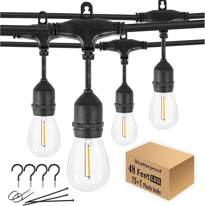 48FT Outdoor String Lights LED Heavy-Duty Waterproof Patio Lights | 15+1 Shatterproof Plastic Bulbs,2200K Warm White Bistro lights for Patio Gazebo Pergola Cafe Market