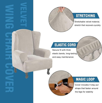 H.VERSAILTEX Wingback Chair Covers Velvet Plush Wing Chair Slipcover 1 Piece High Stretch Wing Back Chair Slipcovers Sofa Cover Furniture Cover with Elastic Bottom, Oatmeal