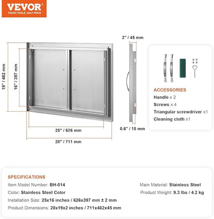 VEVOR BBQ Access Door, 28W x 19H Inch Double Outdoor Kitchen, Stainless Steel Flush Mount, Wall Vertical with Handles, for BBQ Island, Grilling Station, Outside Cabinet