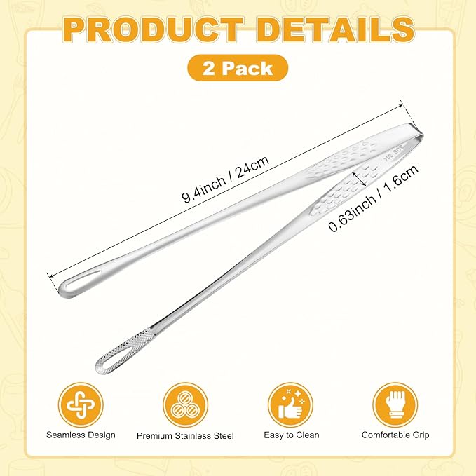 M METERXITY 2-Pack Extra Long Grill Tongs, 9.4 Inch Non-Slip 304 Stainless Steel Locking Tongs for Cooking/Buffet/Outdoor Barbecue, Korean BBQ Tweezers Metal Clamp Tool [Silver Tone]