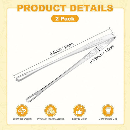 M METERXITY 2-Pack Extra Long Grill Tongs, 9.4 Inch Non-Slip 304 Stainless Steel Locking Tongs for Cooking/Buffet/Outdoor Barbecue, Korean BBQ Tweezers Metal Clamp Tool [Silver Tone]