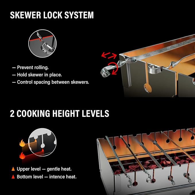 Stainless Steel Charcoal Grill for 12 Skewers – Portable BBQ 24.80"×9.45"×25.2" – Foldable Kabob Mangal – Heavy-Duty Rustproof Grill for Outdoor (Skewers Not Included)