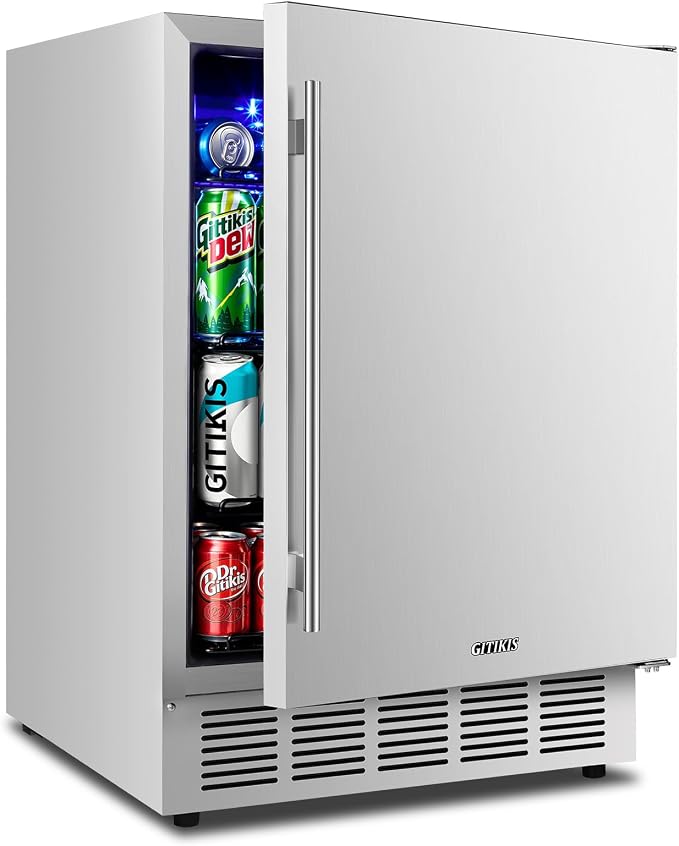 24 Inch Outdoor Beverage Refrigerator Built-in Patio Fridge | Under Counter drink Cooler with Stainless Steel Door, Digital Control, Quiet Cooling System for Backyard, Outdoor Kitchen