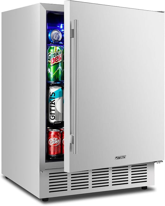 24 Inch Outdoor Beverage Refrigerator Built-in Patio Fridge | Under Counter drink Cooler with Stainless Steel Door, Digital Control, Quiet Cooling System for Backyard, Outdoor Kitchen