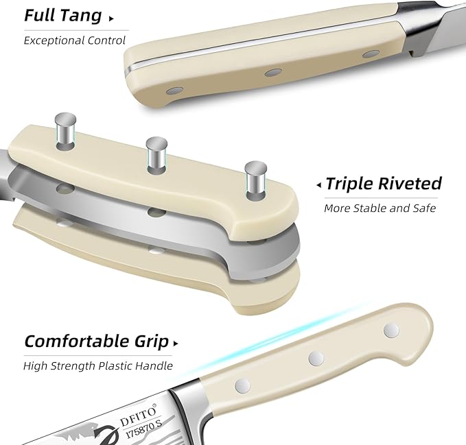 Dfito Chef Knife Set with Roll Bag, 9PCS Professional Knife Set with Sharpener, High Carbon Stainless Steel Kitchen Knife Set with Anti-Slip Ergonomic Handle for Camping, Travel, BBQ, RV or Gift Beige