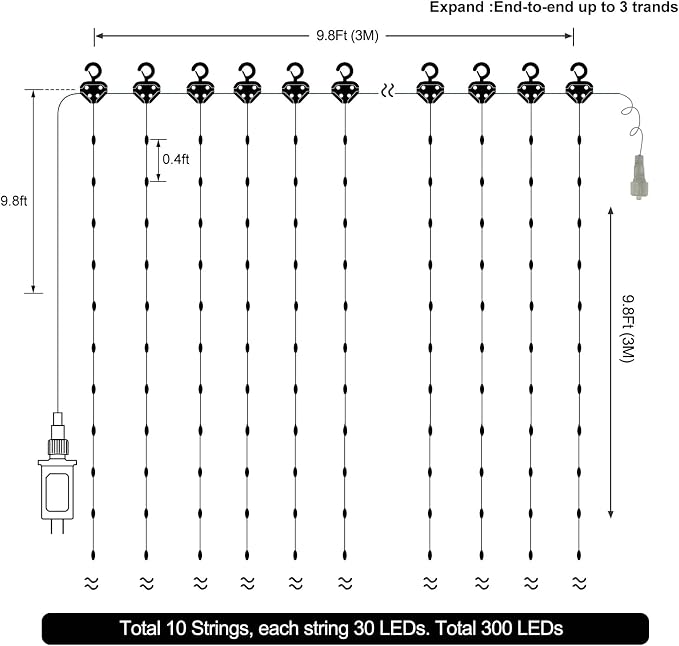 10x10Ft Curtain Lights 300 LED Dual Color Changing Lights with Timer Remote | Plug in Curtain Lights Connectable Outdoor Waterproof String Light for Bedroom Wedding Party Decor, Warm White & Multicolor