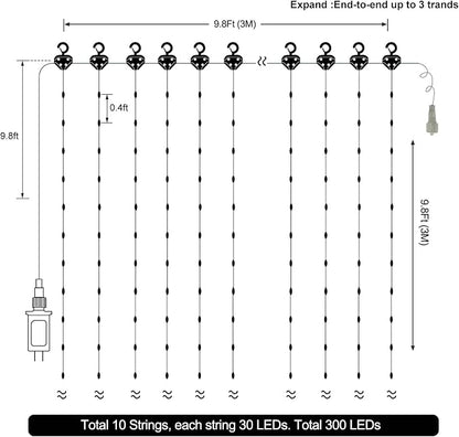 10x10Ft Curtain Lights 300 LED Dual Color Changing Lights with Timer Remote | Plug in Curtain Lights Connectable Outdoor Waterproof String Light for Bedroom Wedding Party Decor, Warm White & Multicolor