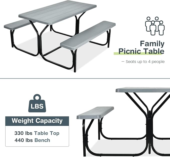 COSTWAY Outdoor Picnic Table, HDPE Plastic Picnic Table Bench Set | Weather Resistant Tabletop & Wood Texture, Ideal for Patio, Backyard (59" D x 54" W x 28.5" H,Grey)