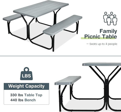 COSTWAY Outdoor Picnic Table, HDPE Plastic Picnic Table Bench Set | Weather Resistant Tabletop & Wood Texture, Ideal for Patio, Backyard (59" D x 54" W x 28.5" H,Grey)