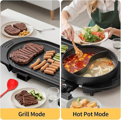 AORAN 2200W Electric Grill & Hot Pot Combo with Dual Zone Control - 26.6" Large Yin-Yang Nonstick Skillet, Indoor Smokeless BBQ Grill for Family Party, Adjustable Temperature & Easy Clean