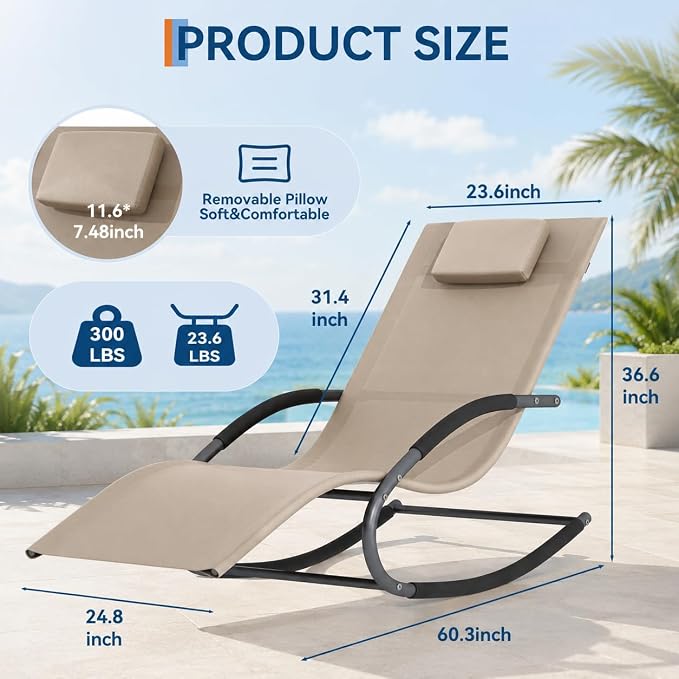 Garvee Outdoor Lounge Chair Rocking Chair Lawn Chair w/Non-Slip Base, Brown | Quick-drying, breathable mesh fabric; water-resistant and easy to clean