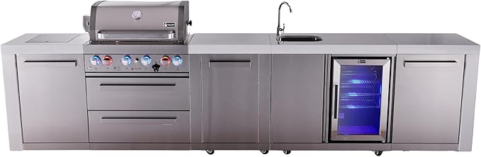 Mont Alpi Premium 145" Deluxe Stainless Steel Outdoor Kitchen Island with Refrigerator + Beverage Center Faucet & Sink + 32"W 4-Burner BBQ Grill + Granite Countertops + Storage + Rotisserie + Cover