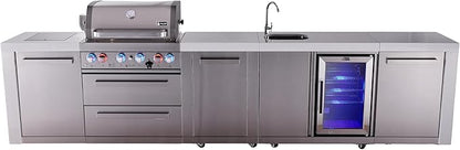 Mont Alpi Premium 145" Deluxe Stainless Steel Outdoor Kitchen Island with Refrigerator + Beverage Center Faucet & Sink + 32"W 4-Burner BBQ Grill + Granite Countertops + Storage + Rotisserie + Cover