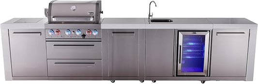 Mont Alpi Premium 145" Deluxe Stainless Steel Outdoor Kitchen Island with Refrigerator + Beverage Center Faucet & Sink + 32"W 4-Burner BBQ Grill + Granite Countertops + Storage + Rotisserie + Cover