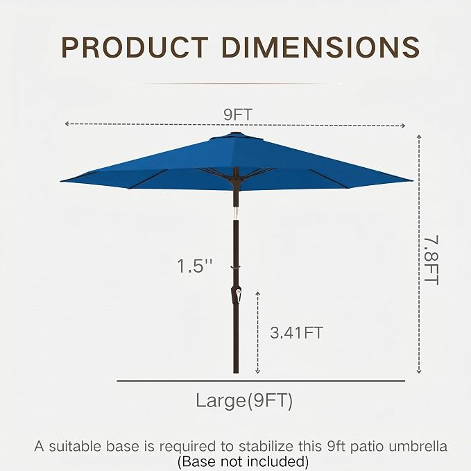 Kingdura 9FT Outdoor Patio Umbrella, Round Market Table Umbrella with Push‑Button Tilt and Crank Lift, 8 Sturdy Metal Ribs, UV50+ Protection Canopy for Backyard, Lawn, Deck, Poolside, Garden (Royal blue)