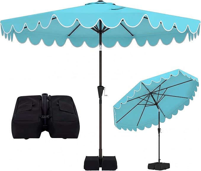 Tangkula 10 FT Patio Umbrella with Base Included, 2-Tiers Outdoor Scalloped Table Umbrella with 2 Sandbags, Tilt Adjustment, Crank, 8 Ribs for Market Backyard Pool Deck Beach Lawn