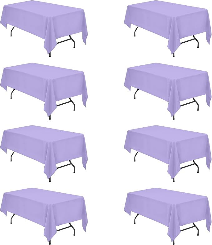 BRILLMAX 8 Pack Lavender Tablecloths 60x102 Inch for 6ft Rectangle Tables | 150 GSM Polyester Fabric, 15" Standard Drop, Water, Stain & Wrinkle Resistant Cloth Cover for Wedding Reception Banquet Party