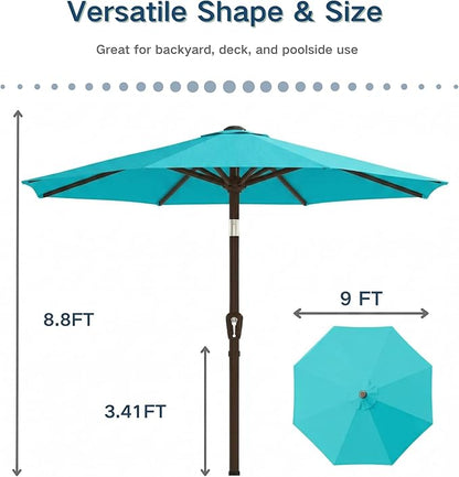 PatioKingdom 9FT Patio Outdoor Umbrella-UPF 50+ Sun Shade with Wind Vent, Push-Button Tilt & Smooth Crank Lift, Rust-Resistant Fiberglass Frame for Garden, Backyard,Yard (Peacock Blue)