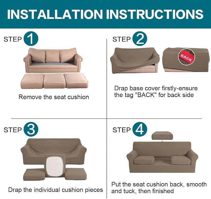 Turquoize 4 Piece Sofa Covers for 3 Cushion Couch Sofa Slipcover Soft Couch Cover for Dogs-Washable Sofa Furniture Covers with 3 Individual Large Cushion Covers (XL Sofa, Macchiato)