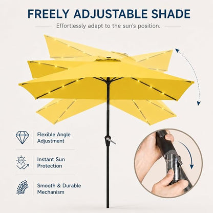 6.5 x 10ft Rectangular Patio Umbrella with Solar Lights, 16 LED Lighted Market Umbrella with Push-Button Tilt and Crank, 6 Sturdy Iron Ribs for Garden, Deck, Pool, Sunshine Yellow