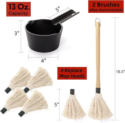 Eorbow 7 Pack Cast Iron Sauce Pot and BBQ Mop Brush Set, 13.5 OZ Small Basting Pot & Sauce Mop for Grilling, 2 Long Handle BBQ Mop with 4 Replacements, Barbecue Tool Set for Meat Smoker Stove