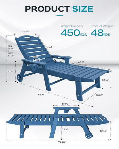 Ciokea Outdoor Chaise Lounge Chair Set of 2, Patio Lounge Chairs for Outside, HDPE Lounge Chair with Wheels & Cup Holder, Poly Chair with 5 Position for Poolside, Deck, Navy Blue