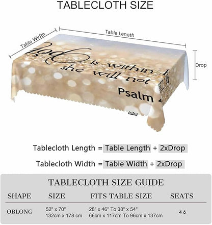 Bible Verse Decorative Table Cover for Kitchen, Oblong Tablecloth God is Within Her She Will Not Fall Dining Table Cloth Tabletop Tablecloths for BBQ Picnic Coffee 52"X70", Gold Sparkle