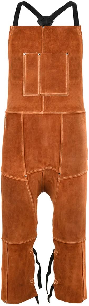 QeeLink Leather Welding Apron Split Leg for Men - Spark Flame Heat Resistant Bib Protective Chaps - Heavy Duty Cowhide Pants