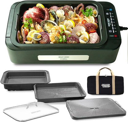SMART BERRY 3 in 1 Smokeless Electric Indoor Grill, Nonstick Grill/Griddle Plates, hot pot, Glass Lid, Portable Korean BBQ Grill with 7-Level Control, HOT POT set Black