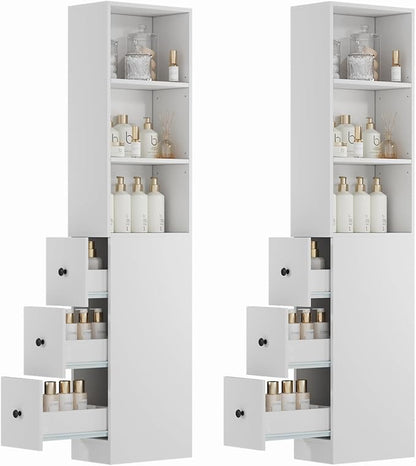 ARTETHYS Storage Cabinet Tall Narrow Bathroom Organizer Set of 2 with 3-Level Adjustable Shelves Slim Free Standing Space Saver for Living Room Kitchen, Classic White