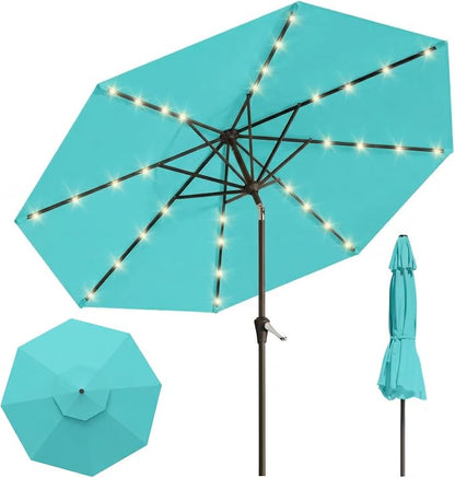 10FT Solar Lighted Patio Umbrella, Outdoor Table Market Umbrellas with Push Button Tilt and Crank, 32 LED Lights, 8 Sturdy Ribs, UV-Resistant for Deck, Garden, Pool