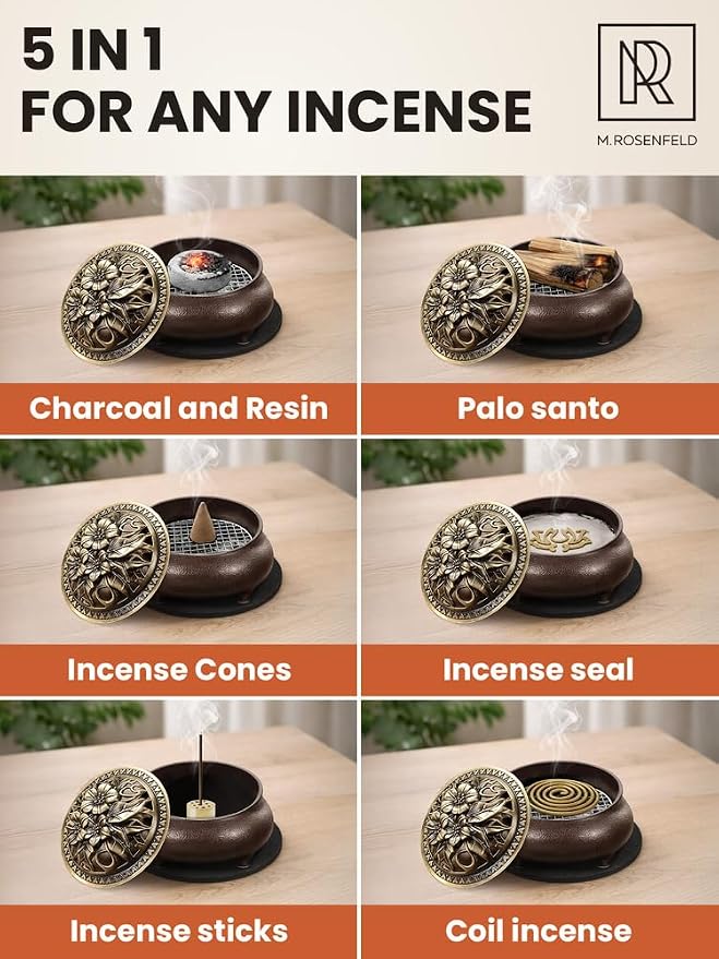 Charcoal Incense Burner for Bakhoor & Resin – Ceramic Frankincense Burner with Lid, Stainless Steel Mesh and Heat-Resistant Cotton Lining for Daily Ritual, Matte Brown