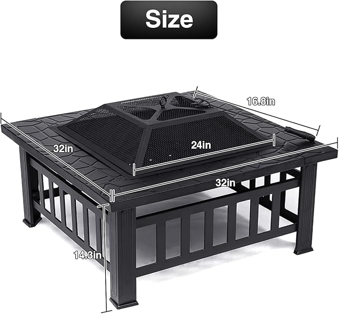 Anraja Fire Pit 32" Wood Burning Firepit Metal Square Outdoor Fire Tables Steel BBQ Gril Fire Pit Bowl withSpark Screen Cover, Poker Log Grate for Patio Bonfire Camping Backyard Garden Picnic1