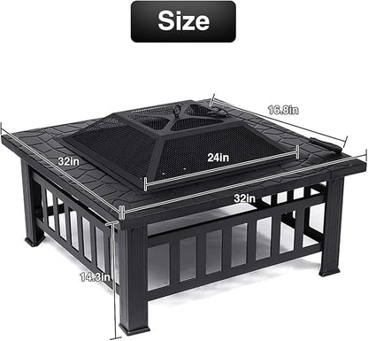 Anraja Fire Pit 32" Wood Burning Firepit Metal Square Outdoor Fire Tables Steel BBQ Gril Fire Pit Bowl withSpark Screen Cover, Poker Log Grate for Patio Bonfire Camping Backyard Garden Picnic1