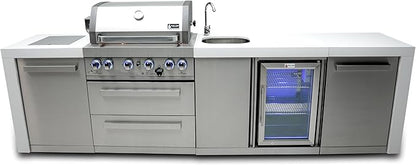 Mont Alpi Premium 120"W x 23"D x 46"H Deluxe Stainless Steel Outdoor Kitchen Island with Fridge Faucet & Sink Combo + 32"W 4-Burner BBQ Grill + Granite Countertops + Storage + Rotisserie Kit + Cover