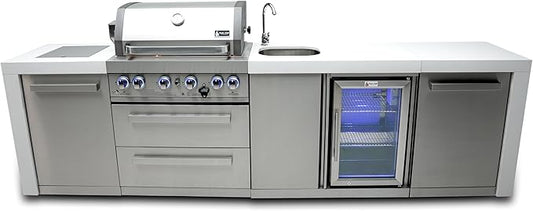 Mont Alpi Premium 120"W x 23"D x 46"H Deluxe Stainless Steel Outdoor Kitchen Island with Fridge Faucet & Sink Combo + 32"W 4-Burner BBQ Grill + Granite Countertops + Storage + Rotisserie Kit + Cover