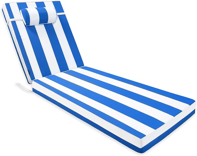 Chaise Lounge Cushion for Outdoor Furniture, Waterproof, Fade-Resistant and Tear Resistant, Patio Lounger Pads with Removable Cover for Pool, Deck, Lawn, 72x21x4 Inch, Blue & White Stripe