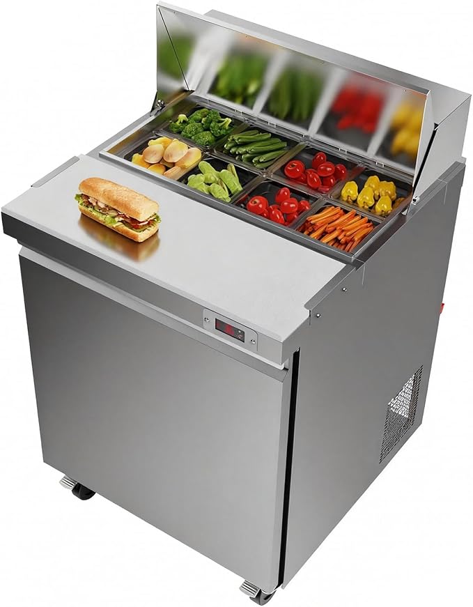 29" W Commercial Refrigerator Sandwich Salad Prep Table Refrigerator Stainless Steel with 8 Pans, Kitchen Equipment for Restaurant, Bar, Shop, Buffet, etc