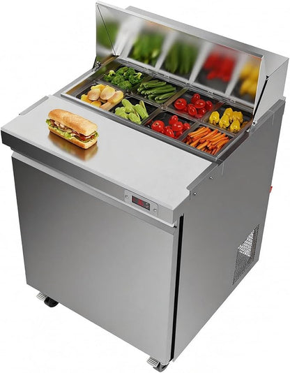 29" W Commercial Refrigerator Sandwich Salad Prep Table Refrigerator Stainless Steel with 8 Pans, Kitchen Equipment for Restaurant, Bar, Shop, Buffet, etc