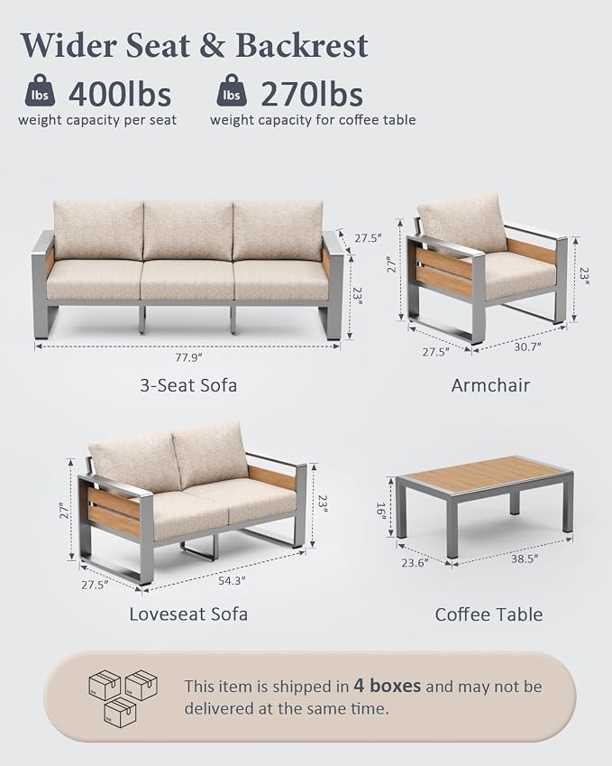 ZANDOR Aluminum Outdoor Patio Furniture Set with Table,7 Seat, Silver | Rustproof,High weight capacity,Water-repellent,Washable Cover,All-Weather Resistant,Easy clean,for Poolside Backyard Deck