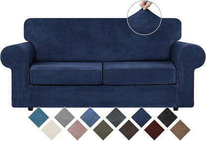 WEERRW Velvet Stretch 3 Pieces Couch Cover for Sofa Washable, Navy Blue | Love Seat Couch Covers for 2 Cushion Couch Sofa Furniture Protector slipcoves with Elastic Bottom for Kids, Medium