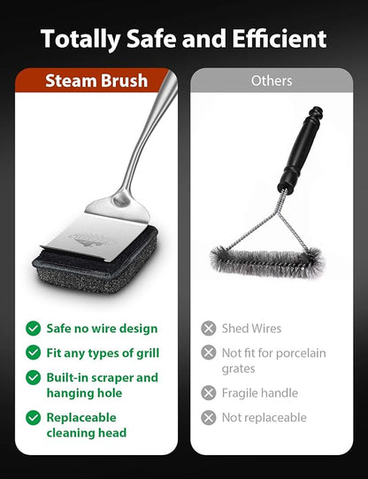 Bristle-Free Grill Brush for Outdoor Grill, Steam Cleaning Grill Brush Bristle Free with 1 Replaceable Brush Heads, Steel Fibers Pad for Cast Iron/Stainless-Steel Grates